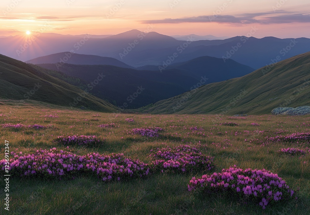 Obraz premium A stunning sunrise view of the Carpathian Mountains with vibrant pink and purple rhododendron flowers blooming on grassy hills. The sun illuminates the distant mountains, creating an enchanting scene.