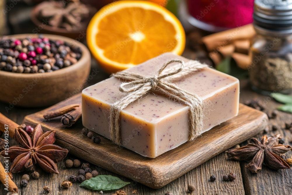 Natural handmade soap bar with aromatic spices and fresh orange slice on rustic wooden table Natural handmade soap bar with aromatic spices and fresh orange slice on rustic wooden table