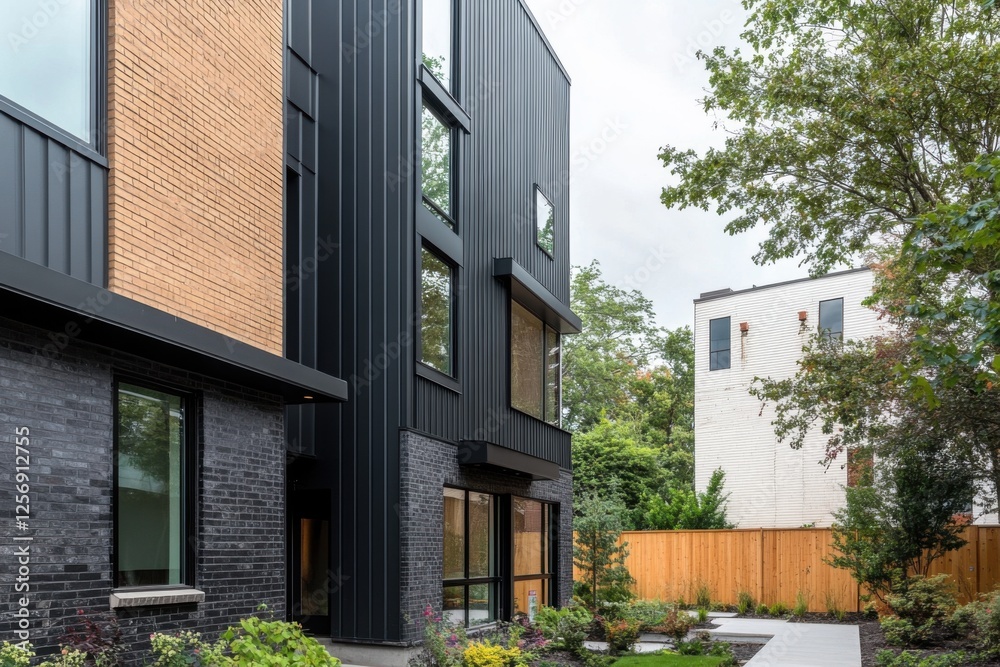 Modern architectural design featuring a two-tone building with sleek lines surrounded by greenery in an urban area during daylight Modern architectural design featuring a two-tone building with sleek lines surrounded by greenery in an urban area during daylight