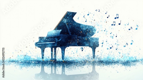 Vibrant blue grand piano surrounded by musical notes and sparkling particles in a serene setting