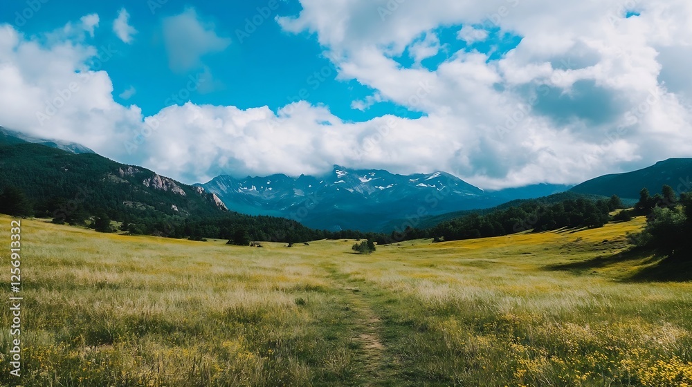 Breathtaking panorama of a green meadow with mountains under a vibrant blue sky filled with clouds : Generative AI Breathtaking panorama of a green meadow with mountains under a vibrant blue sky filled with clouds : Generative AI