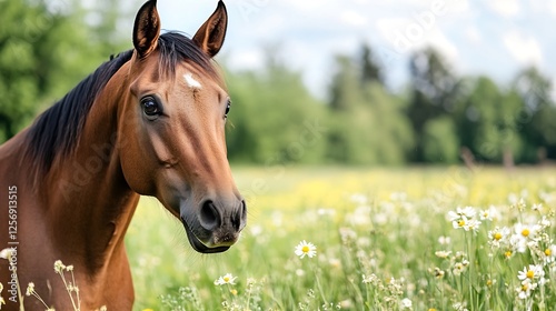 Beautiful brown horse standing in blooming field with wildflowers and greenery all around : Generative AI