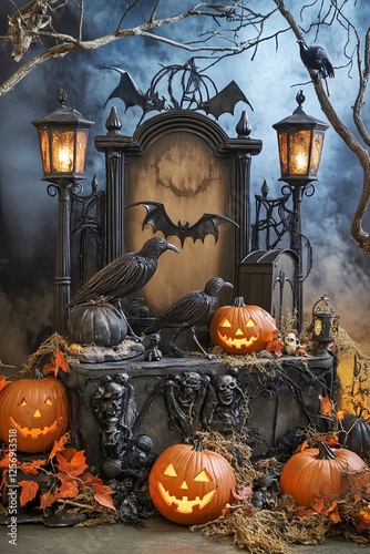 Halloween scene featuring carved pumpkins, spooky crows and old throne with scary background