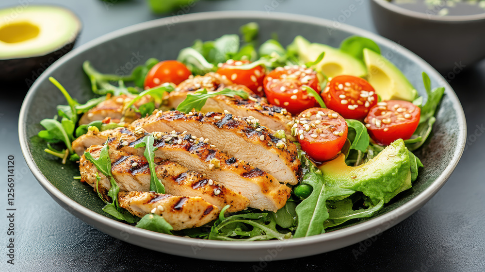 beautifully plated grilled chicken salad with avocado and cherry tomatoes beautifully plated grilled chicken salad with avocado and cherry tomatoes