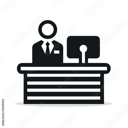 Abstract bank teller icon behind a counter in minimalist design on white background