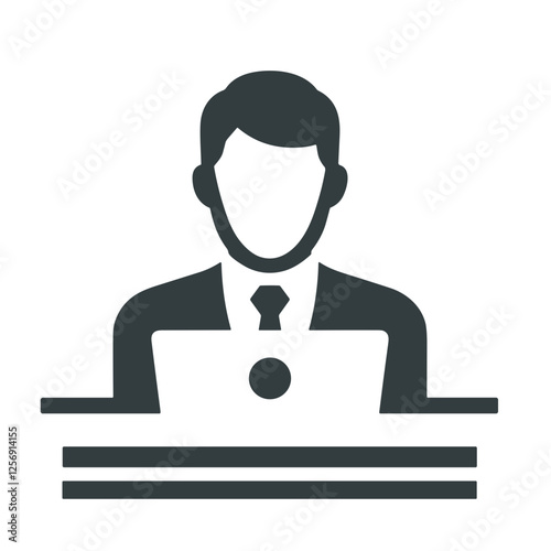 Abstract bank teller icon behind a counter with a laptop in minimalist design on white background