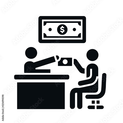 Simple icon of bank teller handing cash to customer in minimalist corporate style on white background