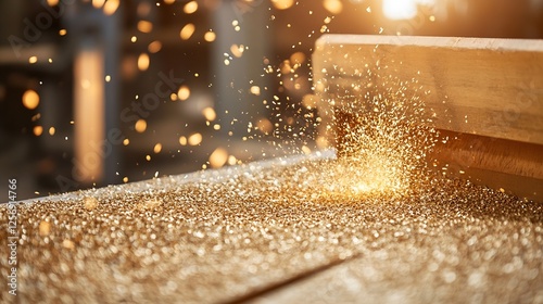 Brilliant sparks flying off a wooden surface in a workshop during cutting or grinding for industrial themes : Generative AI photo