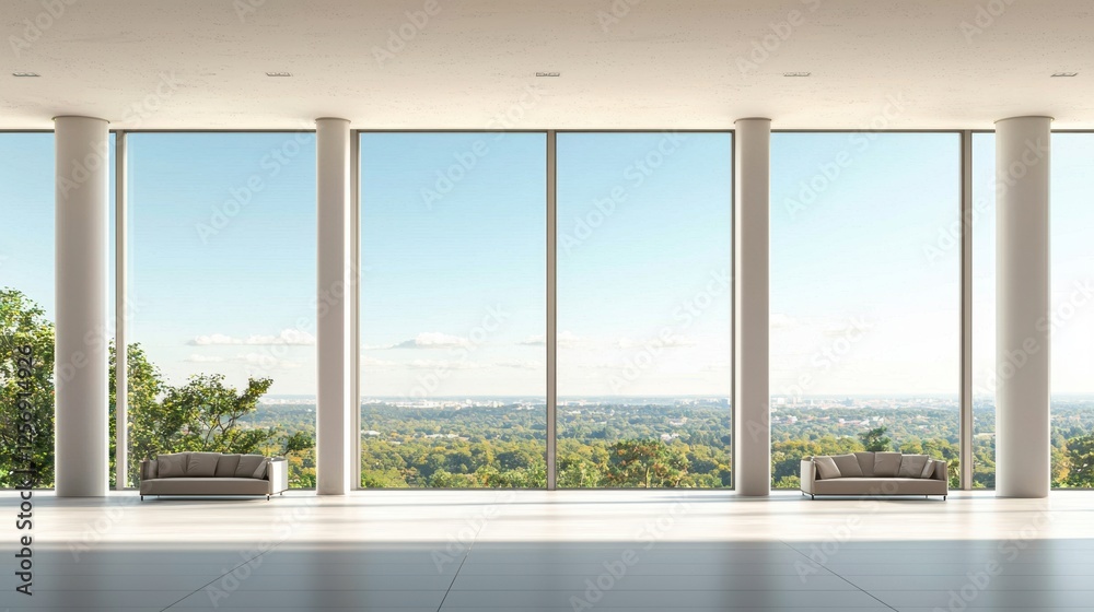 Fototapeta premium A breathtaking view of a green forest from a wide apartment window, with a vast open sky above. The clean interior and soft lighting offer ideal copy space.