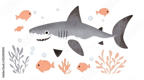 Playful underwater scene featuring a smiling shark surrounded by colorful fish and sea plants
