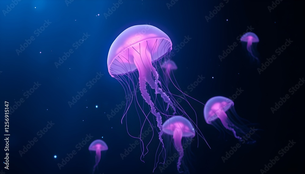 Naklejka premium Mesmerizing Abyss: Vibrant Jellyfish Casting Neon Light in a Futuristic Aquatic Realm