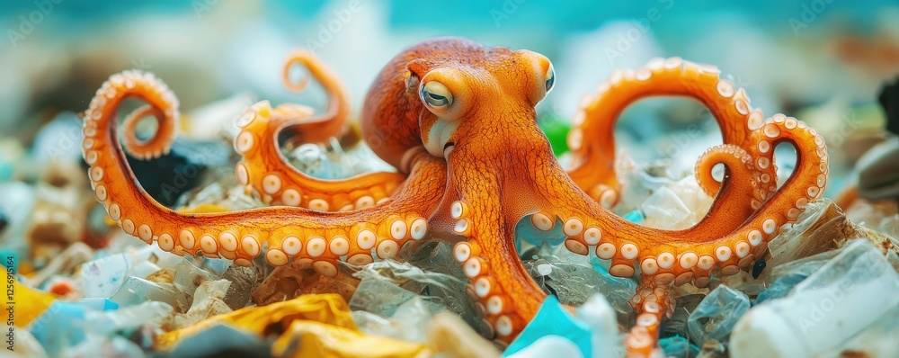 Fototapeta premium Vibrant Octopus Surrounded by Ocean Plastic Pollution Debris
