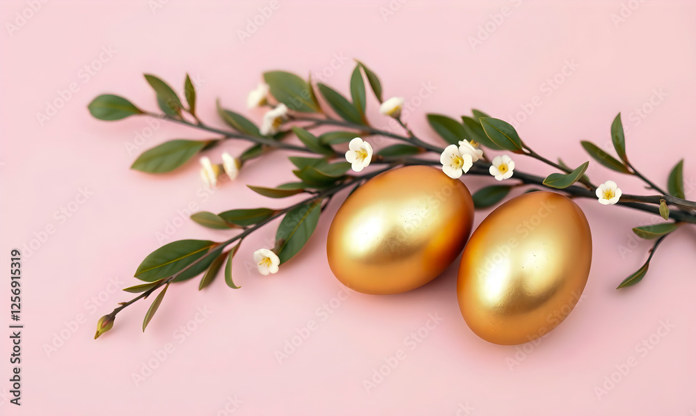 Golden Easter Eggs with Spring Blossoms on Pink Background Golden Easter Eggs with Spring Blossoms on Pink Background