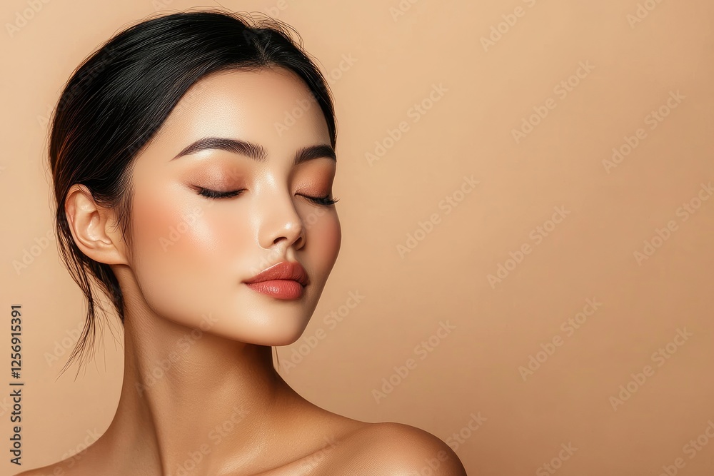 Fototapeta premium A beautiful Asian woman with radiant skin closes her eyes in a peaceful state of relaxation on beige.