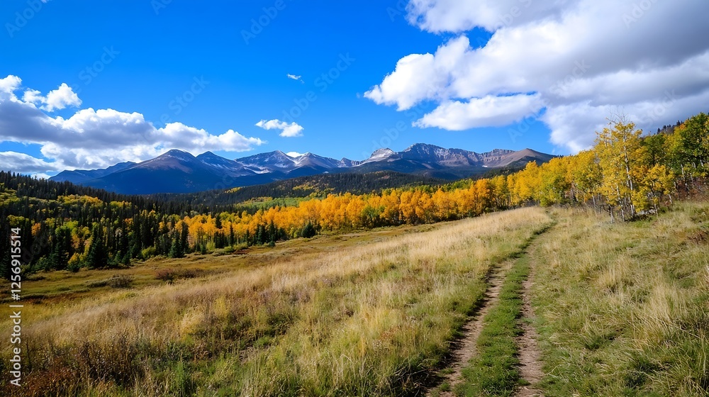 Fototapeta premium Beautiful Mountain Trail Surrounded by Autumn Foliage and Clear Blue Sky : Generative AI