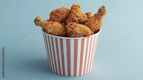 A bucket filled with crispy golden fried chicken, showcasing its crunchy texture. Perfect for fast food ads. Top view, highly detailed.
