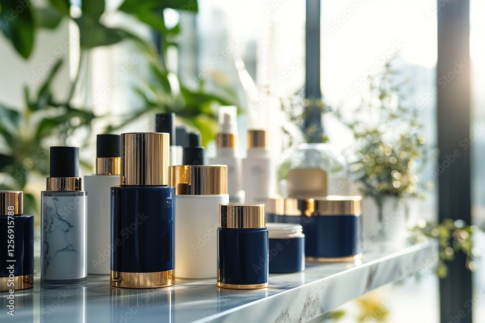 Luxury Skincare Products: Elegant Bottles and Jars Displayed on Marble Shelf, Illuminating Beauty Essentials Luxury Skincare Products: Elegant Bottles and Jars Displayed on Marble Shelf, Illuminating Beauty Essentials
