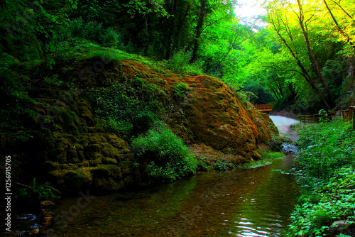 Magical scenery from Sentiero delle Acque in Pieve Torina (MC), the balmy, lustrous and slightly rippling waters of the Sant'Angelo rivulet flowing between musky hard slopes and vegetation, the path photo