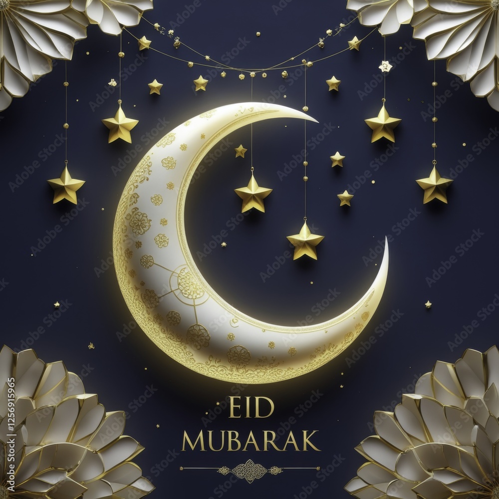 Fototapeta premium Serene Crescent Moon with Golden Patterns and Floral Geometric Design, Glowing Against Dark Blue Background, Featuring 'Eid Mubarak' in Luxurious Font, Generative AI