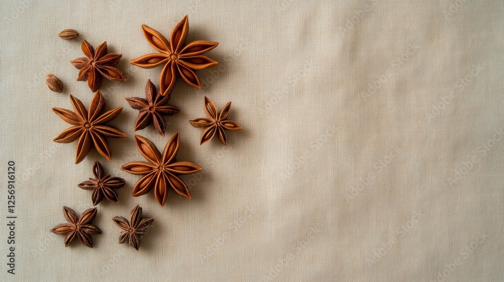 Decorative Arrangement of Star Anise, Spices, and Herbs on a Light Fabric Background for Culinary Use Decorative Arrangement of Star Anise, Spices, and Herbs on a Light Fabric Background for Culinary Use