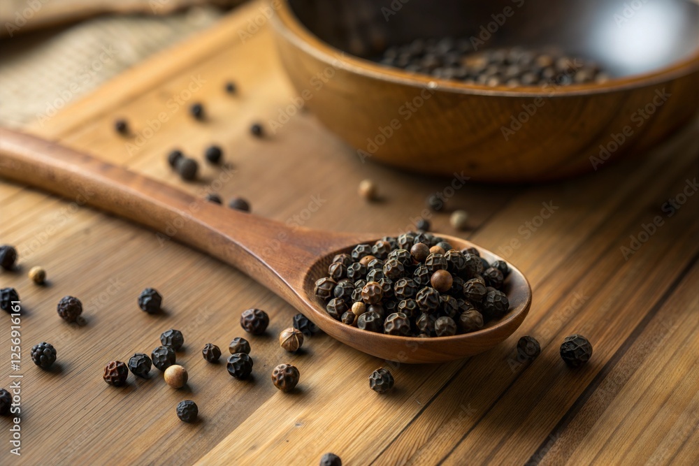 Rustic Wooden Spoon with Black Peppercorns on Wooden Table – Aromatic Spice for Cooking & Food Photography Rustic Wooden Spoon with Black Peppercorns on Wooden Table – Aromatic Spice for Cooking & Food Photography