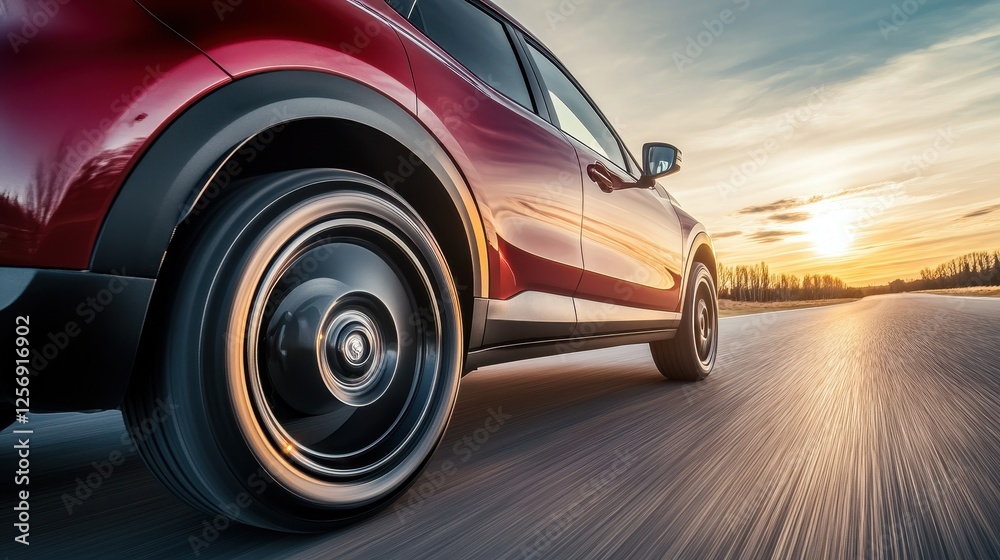 Red SUV car driving fast on the highway at sunset. Template concept with copy space for text. Banner or poster design Red SUV car driving fast on the highway at sunset. Template concept with copy space for text. Banner or poster design