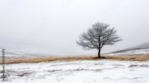 A solitary tree standing in a snowy landscape evoking a sense of isolation and peace : Generative AI photo
