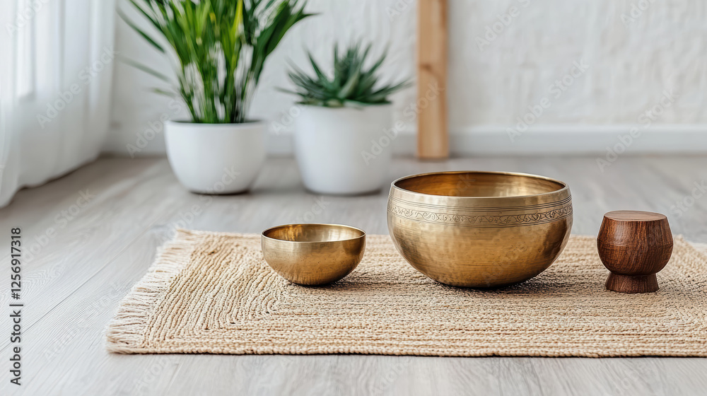 Tibetan singing bowl set on woven mat, surrounded by plants, creates serene atmosphere Tibetan singing bowl set on woven mat, surrounded by plants, creates serene atmosphere