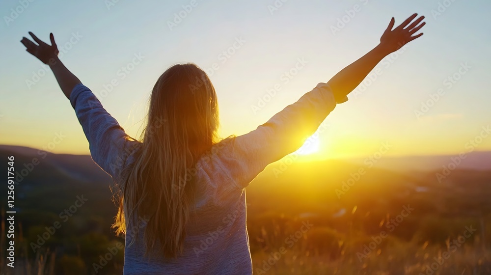 Joyful woman celebrating the sunset with arms outstretched against a vibrant sky : Generative AI Joyful woman celebrating the sunset with arms outstretched against a vibrant sky : Generative AI