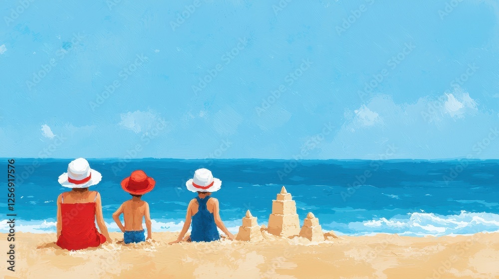 A serene beach scene with three figures in hats sitting on the sand, gazing at the ocean and a sandcastle nearby. A serene beach scene with three figures in hats sitting on the sand, gazing at the ocean and a sandcastle nearby.