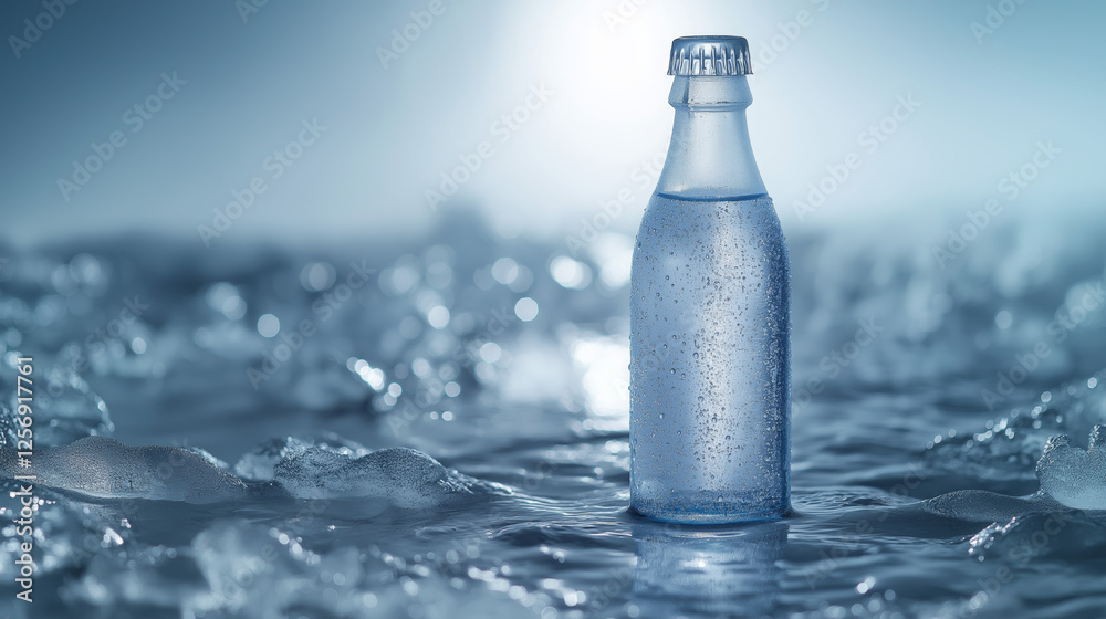 A frosted glass bottle of sparkling water, the liquid sparkling under bright light, isolated on a white background