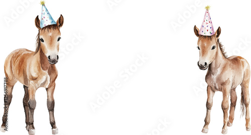 Watercolor painting of a cute baby horse and foal wearing birthday hats, isolated on a white background