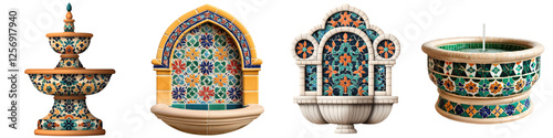 Elaborately Decorated Ornamental Fountain Featuring Vibrant Mosaic Tiles Intricate Architectural Details and a Stunning Arabesque Design in a Traditional Middle Eastern or Mediterranean Style photo