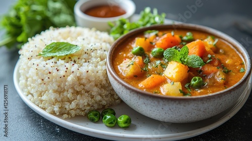Colorful bowl of vegetable curry served with quinoa and fresh herbs on a rustic table
