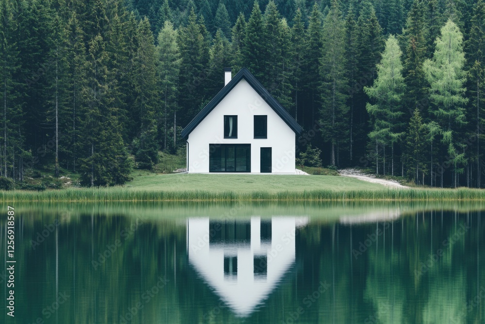 Obraz premium A modern white house gracefully reflects in the tranquil waters of a calm lake, which is encircled by towering green trees in a peaceful summer mountain landscape
