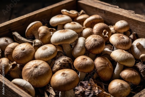 Freshly harvested mushrooms in a rustic wooden box showcasing various types and sizes photo