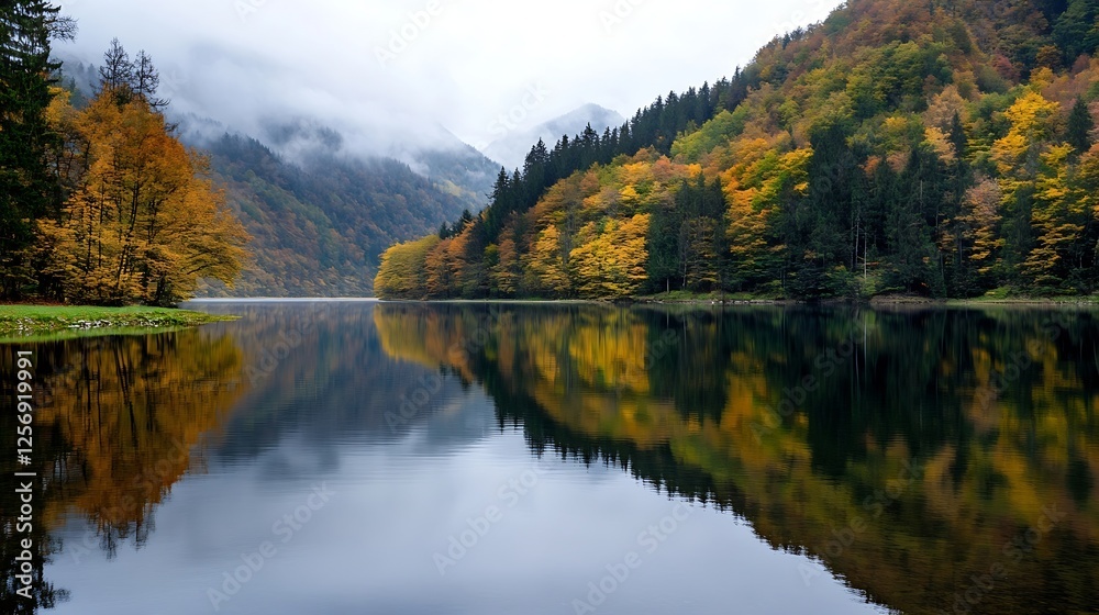Stunning autumn reflection in a calm lake surrounded by vibrant trees and misty mountains : Generative AI Stunning autumn reflection in a calm lake surrounded by vibrant trees and misty mountains : Generative AI