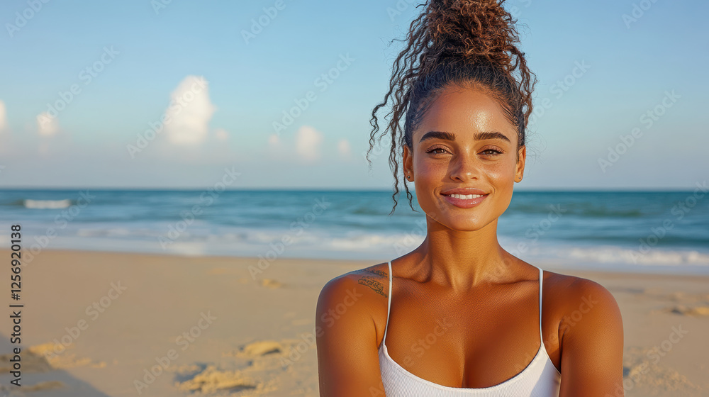 smiling woman with curly hair at beach, enjoying sunny day smiling woman with curly hair at beach, enjoying sunny day