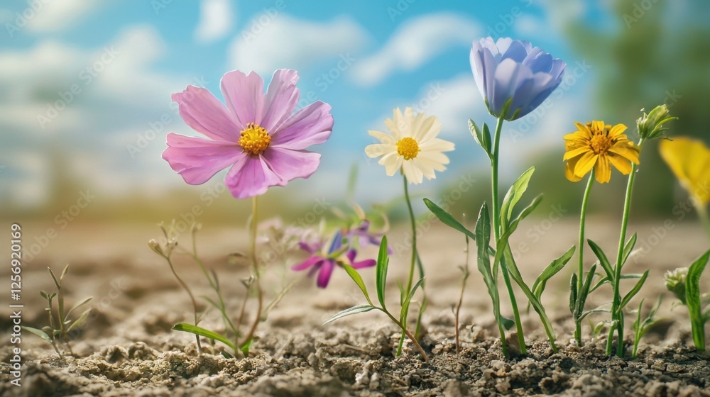 A conceptual image showing the gradual rebirth of nature from barren land to a flower-filled meadow. A conceptual image showing the gradual rebirth of nature from barren land to a flower-filled meadow.