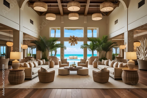 Luxury Resort Lobby,An opulent lobby with tropical resort vibes. Use warm wooden floors, large windows overlooking beach