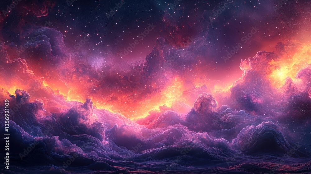 Naklejka premium Vibrant cosmic landscape featuring swirling clouds and a fiery sunset, evoking a sense of wonder