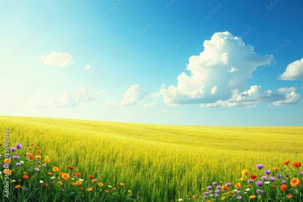 Serene Summer Landscape Golden Wheat Field Under a Bright Blue Sky Adorned with Fluffy White Clouds and a Vibrant Border of Colorful Wildflowers Serene Summer Landscape Golden Wheat Field Under a Bright Blue Sky Adorned with Fluffy White Clouds and a Vibrant Border of Colorful Wildflowers
