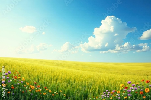 Serene Summer Landscape Golden Wheat Field Under a Bright Blue Sky Adorned with Fluffy White Clouds and a Vibrant Border of Colorful Wildflowers