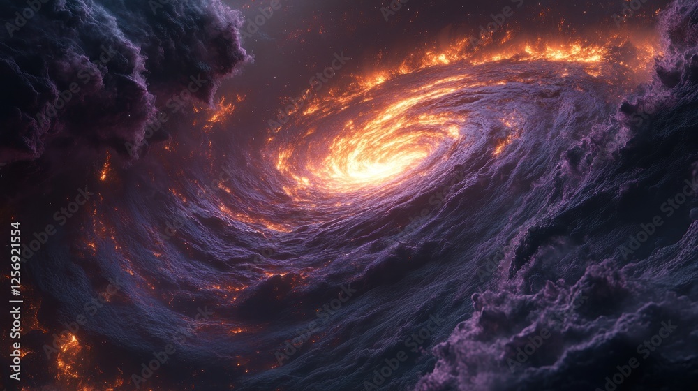 A vibrant cosmic swirl of fiery orange and purple hues, depicting a galaxy amidst dark clouds A vibrant cosmic swirl of fiery orange and purple hues, depicting a galaxy amidst dark clouds