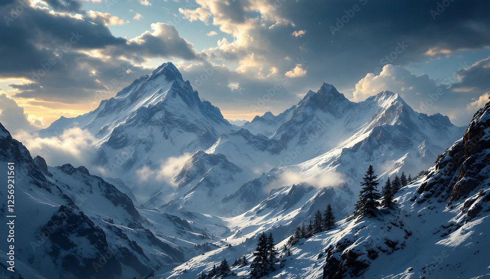 Obraz premium Majestic snow-covered mountain peaks against a dramatic sky backdrop