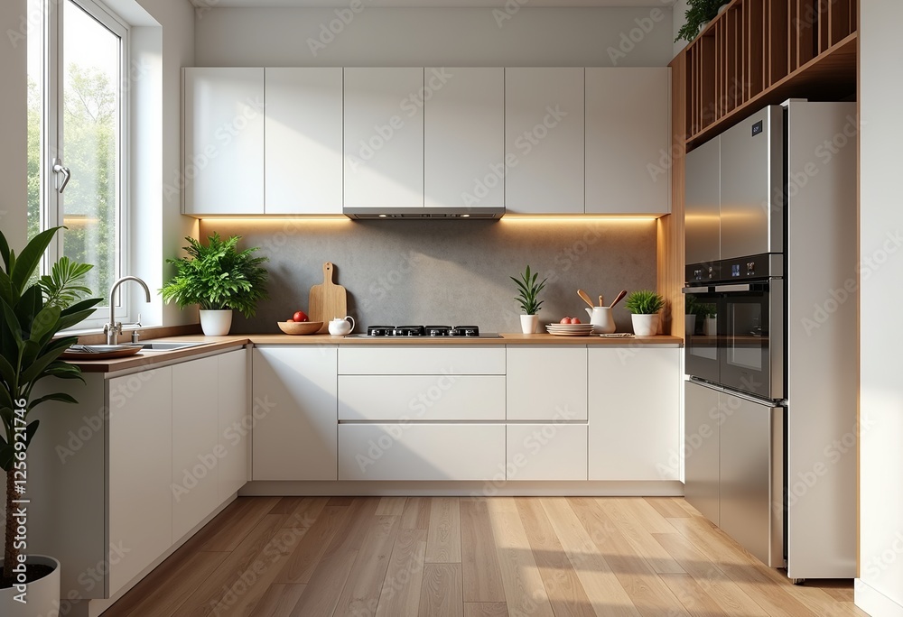 Fototapeta premium Elegant Minimalist Kitchen: Front View 4K Photo of Modern Interior with Simple White Cabinets, House Plants, Open Fridge, Cozy Warm Lighting, Wide Angle