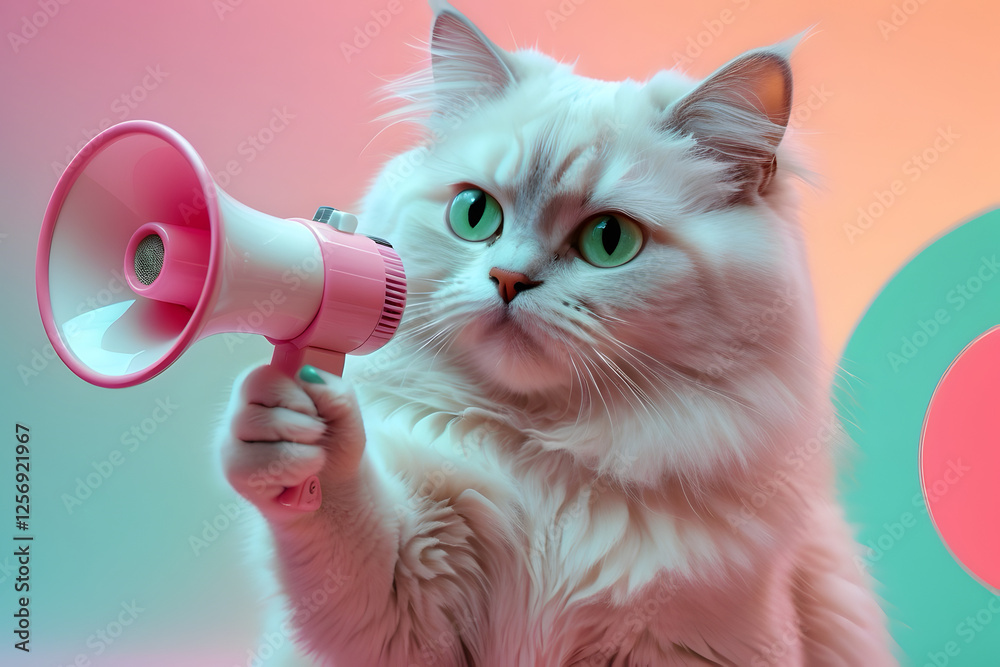 Fototapeta premium Detail and hyper realistic image of cute and funny cat holding megaphone isolated on yellow background
