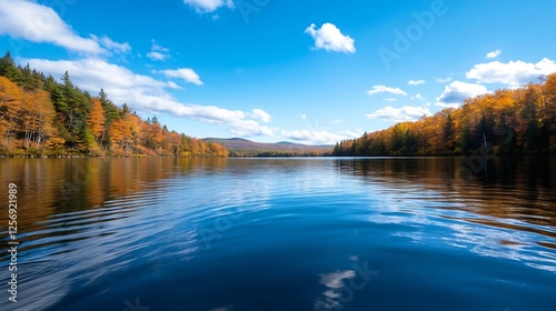 Stunning view of a tranquil lake surrounded by colorful trees during autumn season : Generative AI photo