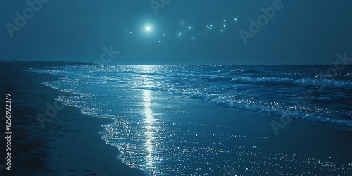 Serene Moonlight Beach Scene Ocean Waves Night Photography