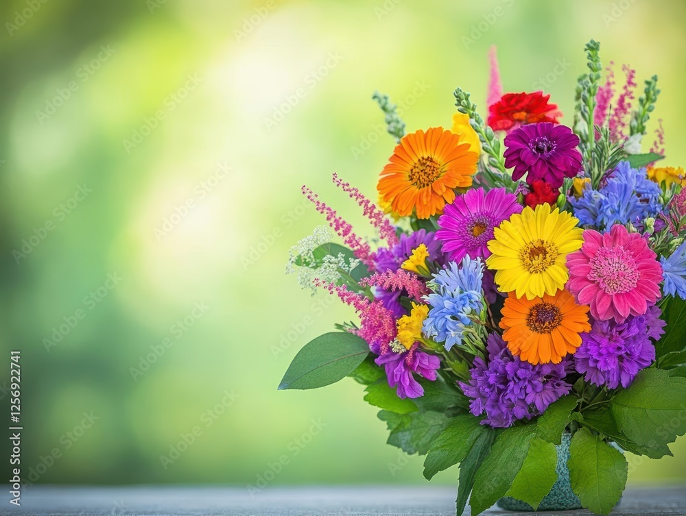 Obraz premium Vase filled with colorful flowers arranged on a wooden table in a bright indoor setting